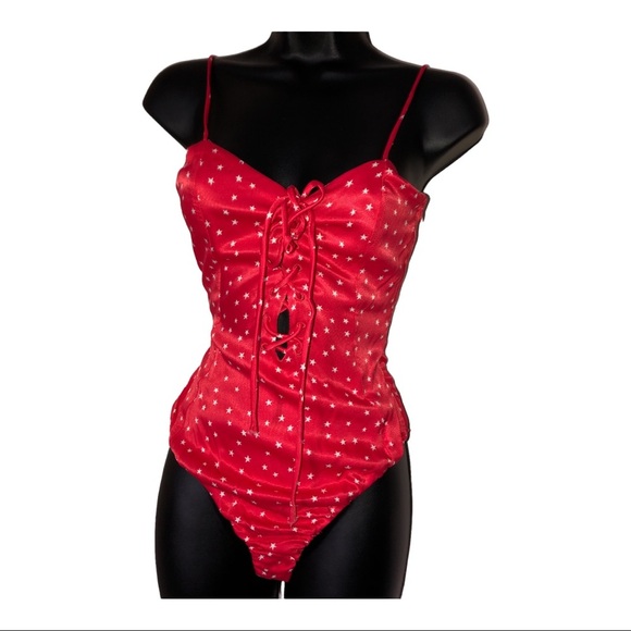 Zara red retro satin silk look stars lace-up spaghetti strap bodysuit size Large - Picture 12 of 14
